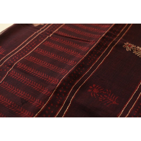 shop Block Printed Kota Cotton Embroidered Saree - Brown & Red