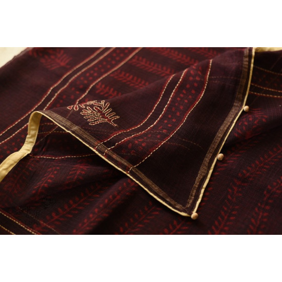 shop Block Printed Kota Cotton Embroidered Saree - Brown & Red