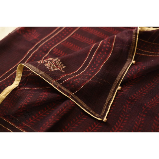 shop Block Printed Kota Cotton Embroidered Saree - Brown & Red