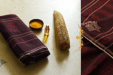 Block Printed Kota Cotton ✜ Embroidered Saree - Brown & Red