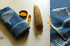 Block Printed Kota Cotton ✜ Embroidered Saree - Indigo Blue