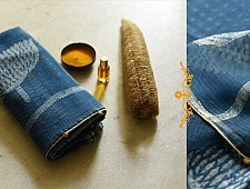 Block Printed Kota Cotton ✜ Embroidered Saree - Indigo Blue