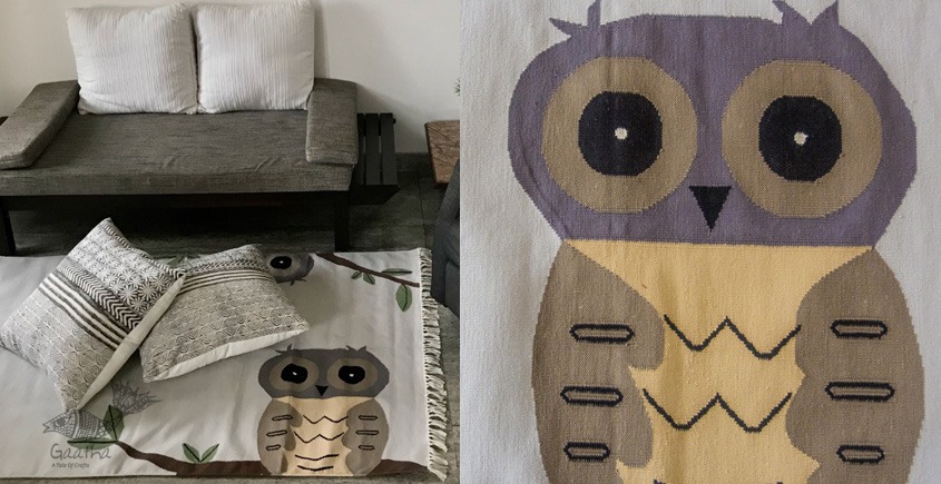 shop Owl Handwoven Cotton Punja Dhurrie