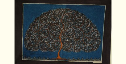 Sacred cloth of the Goddess | Maatani Pachedi Painting ~ Tree in blue Background (28" x 20") 