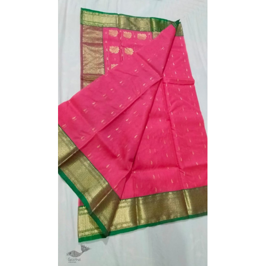 online shop Handwoven Chanderi Silk Pink Saree with Green Zari Border