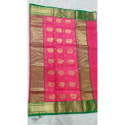 Padmapriya | Handwoven Chanderi Silk Pink Saree with Green Zari Border