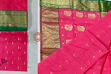 Padmapriya | Handwoven Chanderi Silk Pink Saree with Green Zari Border