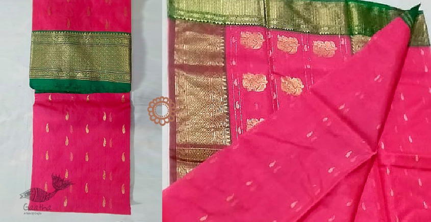 online shop Handwoven Chanderi Silk Pink Saree with Green Zari Border