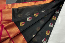 Padmapriya | Handwoven Chanderi Silk Black Saree With Red Border