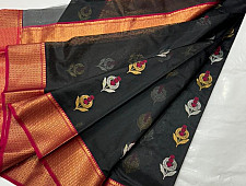 Padmapriya | Handwoven Chanderi Silk Black Saree With Red Border