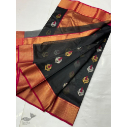 Padmapriya | Handwoven Chanderi Silk Black Saree With Red Border