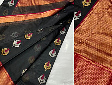 Padmapriya | Handwoven Chanderi Silk Black Saree With Red Border
