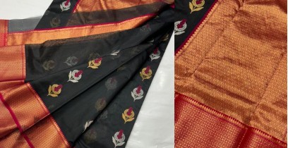 Padmapriya | Handwoven Chanderi Silk Black Saree With Red Border