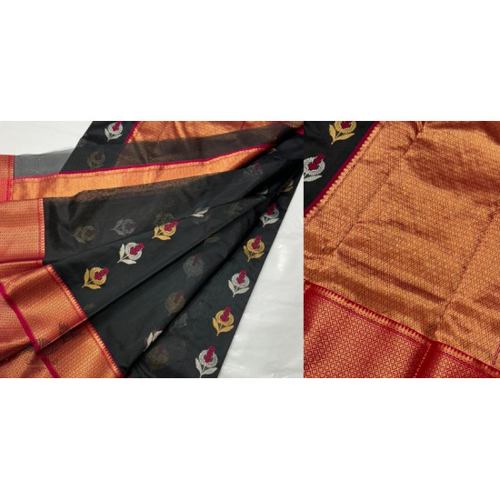 online Handwoven Chanderi Silk Black Saree With Red Border