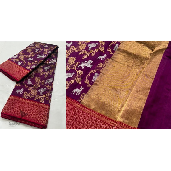 online Handwoven Chanderi Silk Saree - Deer & Lion Woven 