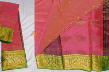 Padmapriya | Handwoven Chanderi Silk Saree - Pink With Green Border