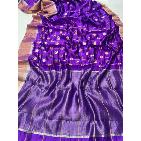 online Handwoven Silk - Chanderi Violet Zari Checks Saree