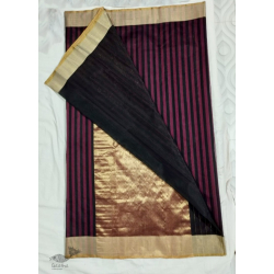 Padmapriya | Handwoven Silk - Chanderi Golden Border Red & Black Stripe Saree