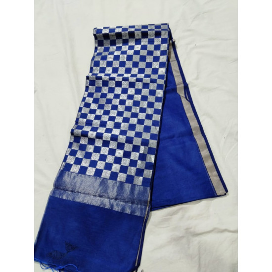 online Chanderi Silk Handwoven Saree - Blue Silver Checks Pallu