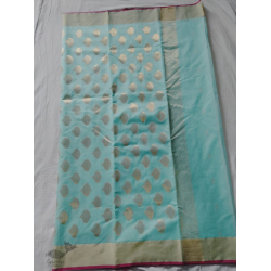 Padmapriya | Handwoven Silk - Chanderi Golden Border Saree - Sky Blue