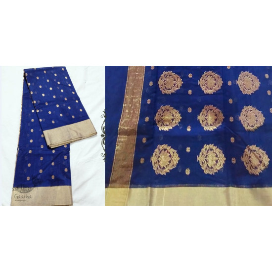 online Chanderi Silk saree - Blue Chanderi Saree With Golden Butta