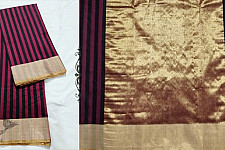 Padmapriya | Handwoven Silk - Chanderi Golden Border Red & Black Stripe Saree