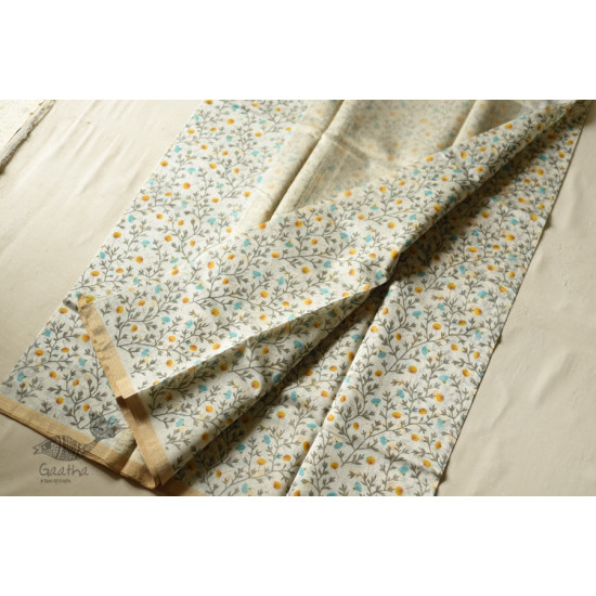 Handwoven Printed Chanderi White Based Saree - Flowers Printed