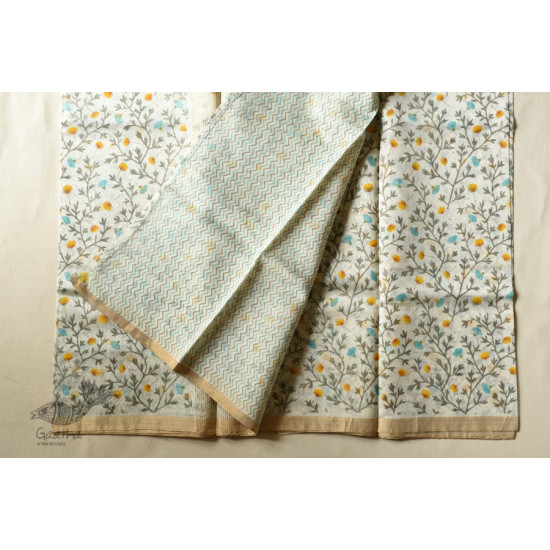 Handwoven Printed Chanderi White Based Saree - Flowers Printed