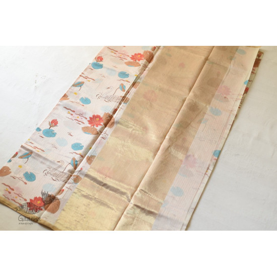 Handloom Printed Chanderi Saree - Lotus & Duck Motif