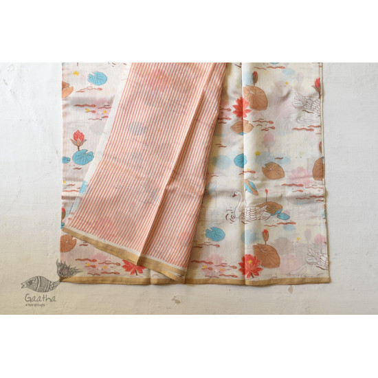 Handloom Printed Chanderi Saree - Lotus & Duck Motif