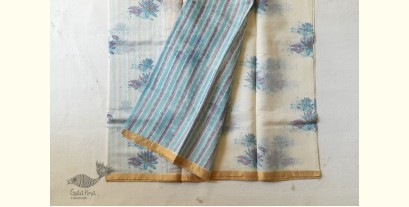 Manjula ~ Handloom Printed Chanderi Saree - Blue Flowers Mofit