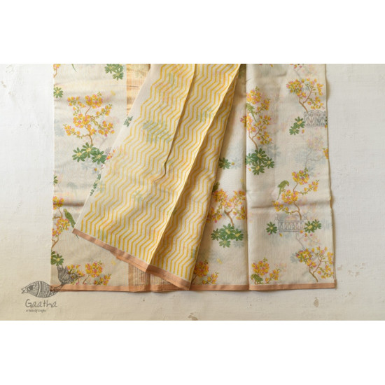 Handloom Yellow Flowers Printed Chanderi Saree