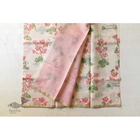 Handloom Pink Flowers Printed Chanderi Saree