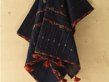 Ajrakh Applique - Embroidered Cotton Dupatta - Navy Blue