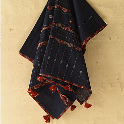 Ajrakh Applique - Embroidered Cotton Dupatta - Navy Blue