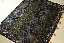 Ajrakh Patchwork & Embroidered Cotton Saree - Dark Green