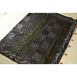 Ajrakh Patchwork & Embroidered Cotton Saree - Dark Green