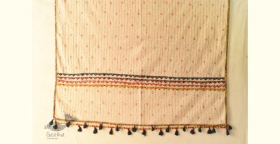 Ajrakh Applique & Kantha Embroidered Cotton White Dupatta with Yellow Border