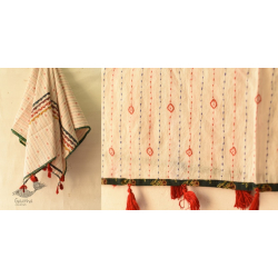 Ajrakh Applique - Embroidered Cotton White Dupatta With Green Border