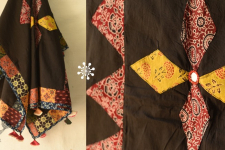 Ajrakh Applique & Kantha Embroidered Cotton Dupatta ~ Black