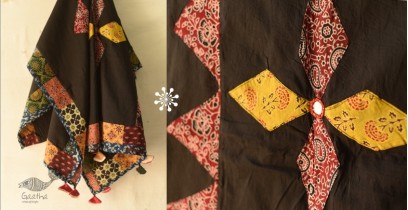 Ajrakh Applique & Kantha Embroidered Cotton Dupatta ~ Black