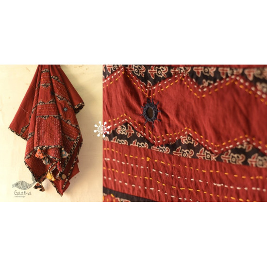 shop Ajrakh Applique & Kantha Embroidered Cotton Dupatta