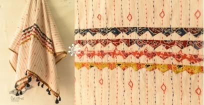 Ajrakh Applique & Kantha Embroidered Cotton White Dupatta with Yellow Border