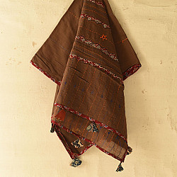 Ajrakh Applique - Embroidered Cotton Dupatta - Brown