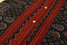 Ajrakh Patchwork & Embroidered Cotton Saree - Maroon & Blue
