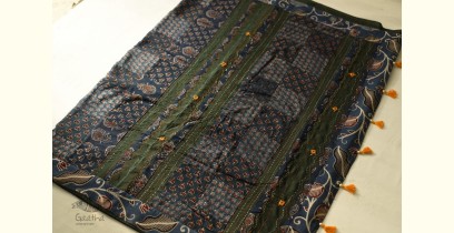 Ajrakh Patchwork & Embroidered Cotton Saree - Dark Green