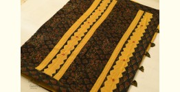 Ajrakh Applique & Embroidered Cotton Saree - Yellow & Green