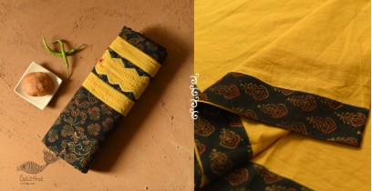 Ajrakh Applique & Embroidered Cotton Saree - Yellow & Green