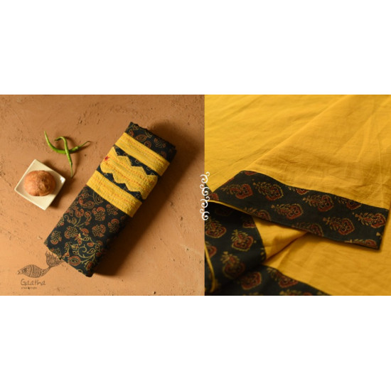 Cotton Ajrakh Applique Saree - Yellow & Green