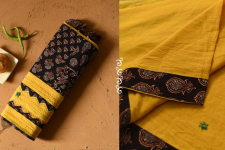 Ajrakh Applique & Mirror Embroidered Cotton Saree - Yellow & Black